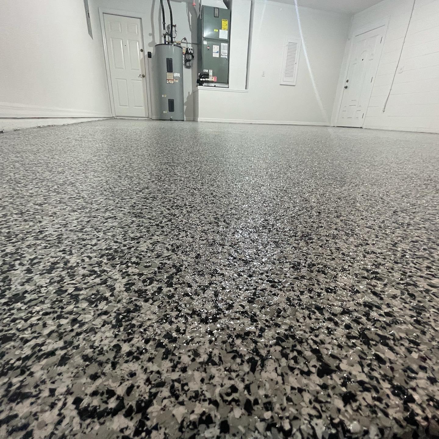 Close-up of decorative flake epoxy floor texture and finish